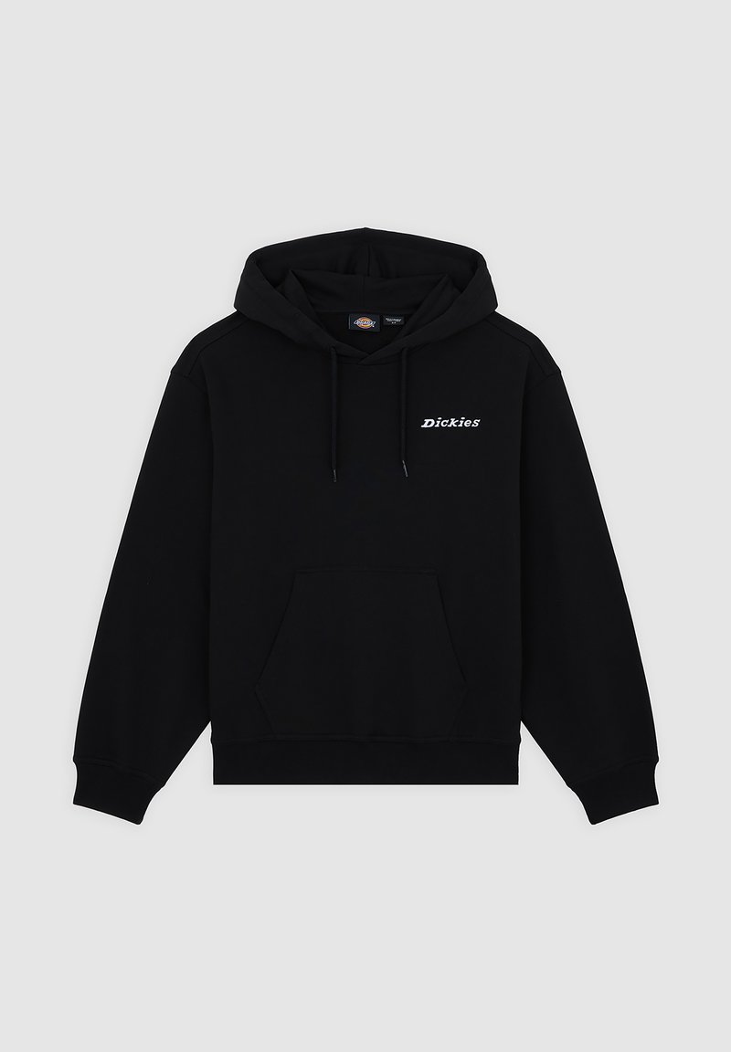 Zwarte hoodie van een katoenmix, met een zak aan de voorkant, capuchon met koordje en een wit geborduurd logo op de borst.