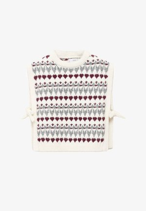 Kremasta pletena brezrokavnika z okroglim ovratnikom, ki ima rdeče in sive diamante, zvezane strani in mehak material.