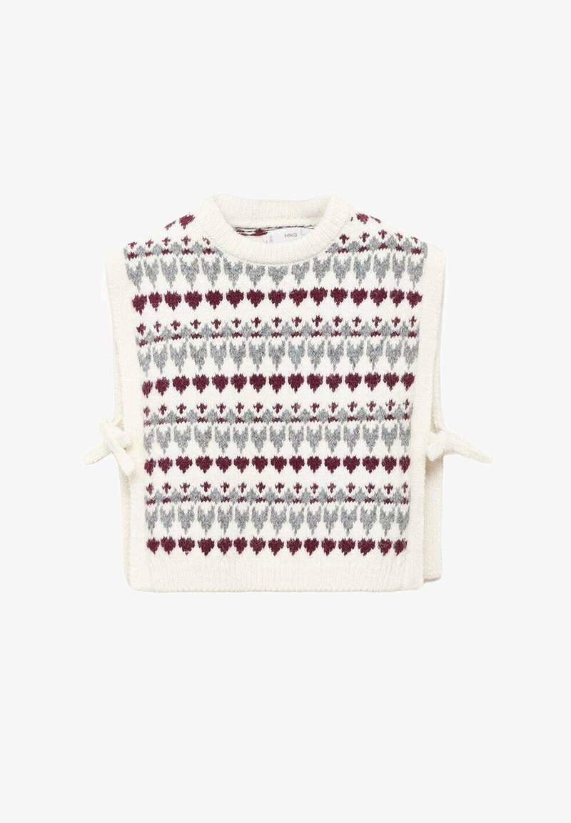 Krémová sveterová vesta s okrúhlym výstrihom, zdobená červenými a šedými diamantovými vzormi, s viazanými bokmi a jemnou textúrou.