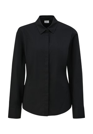Zwarte lange mouwen blouse met een puntkraag en verborgen knoopsluiting, slim fit, weergegeven op een witte achtergrond.