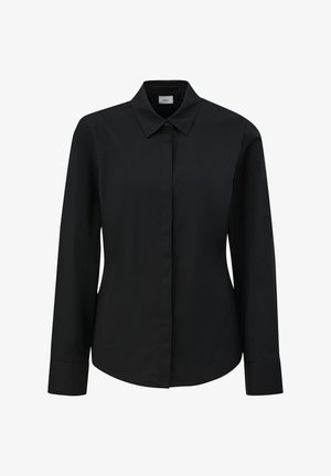 Black long-sleeve button-up shirt with a pointed collar and hidden button placket, tailored fit, displayed on a white background.