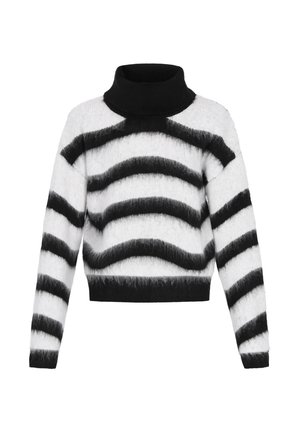 Czarny i biały sweter robiony na drutach w paski z wysokim golfem. Wyróżnia się falistymi wzorami oraz krótkim krojem. Miękka, teksturowana tkanina.
