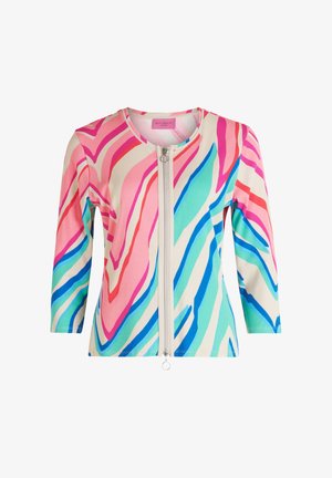 Kolorowa kurtka z zamkiem błyskawicznym z wzorem fal w odcieniach różu, niebieskiego i zielonego na kremowym tle. Wykonana z teksturowanej, lekkiej tkaniny.
