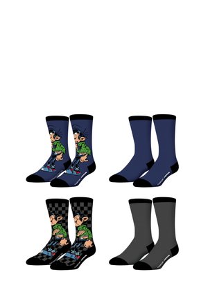 Ensemble de chaussettes comprenant deux designs : des personnages de dessins animés sur des motifs à damier noir et bleu marine ; options unies en bleu marine et gris ; mélange de coton.