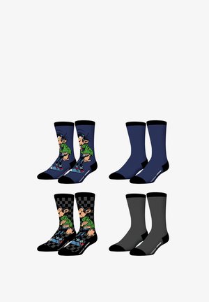 Ensemble de chaussettes comprenant deux designs : des personnages de dessins animés sur des motifs à damier noir et bleu marine ; options unies en bleu marine et gris ; mélange de coton.