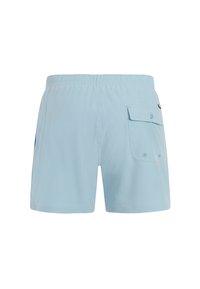 Lichtblauwe zwemboxers met een elastische tailleband, zijzakken en een achterzak met knoop. Gladde textuur en eenvoudig ontwerp.