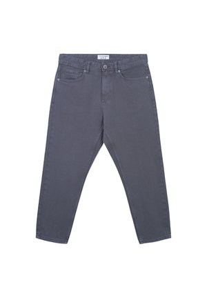 Jeans in denim grigio con design a gamba dritta, dotati di chiusura con zip, stile a cinque tasche e dettagli di cucitura sottili.