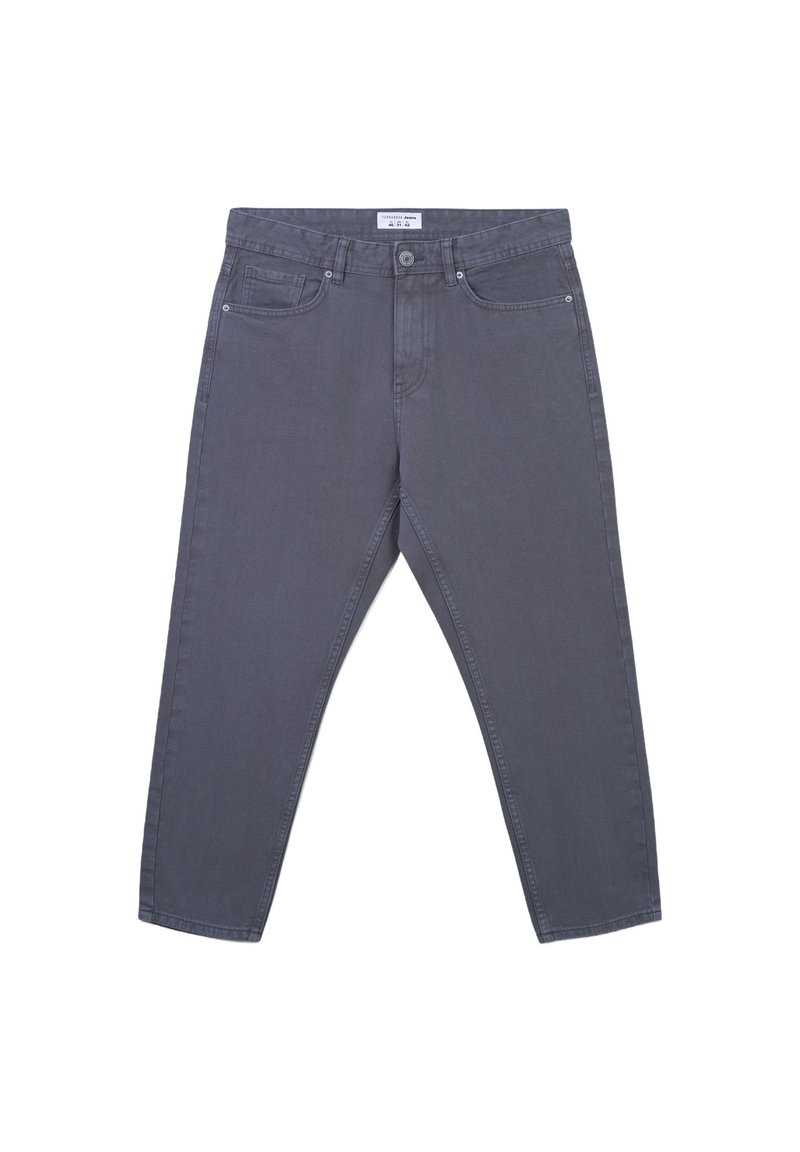 Szare dżinsy o prostym kroju, z zamkiem błyskawicznym, pięcioma kieszeniami i delikatnymi detalami w szwie.