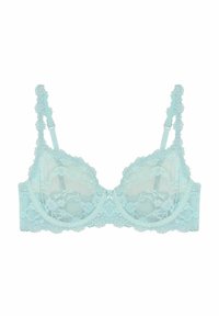 Ljusblå spets-bh med blommönster, justerbara axelremmar, underwire-stöd och en liten rosendekoration i mitten.