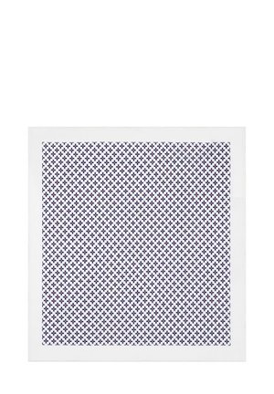 Kwadrat w białej ramie z fioletowym geometrycznym wzorem krzyża na białym tle, o gładkiej, płaskiej fakturze.