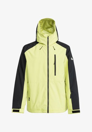 Veste imperméable avec un corps jaune vif, des manches noires, une capuche réglable, une poche frontale zippée et des poignets à velcro.