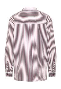 Striped shirt in white and burgundy, featuring long sleeves, button cuffs, and a back yoke design with a box pleat for added detail.