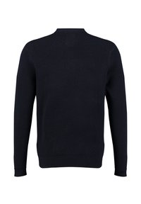 Dunkelblauer gestrickter Pullover, Rundhalsausschnitt, lange Ärmel, strukturierte Rippoptik und eng anliegende Bündchen und Saum.