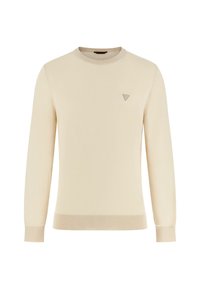 Maglione beige a girocollo con maniche lunghe, polsini e orlo a costine, con un piccolo logo triangolare sul lato sinistro del petto. Texture liscia.