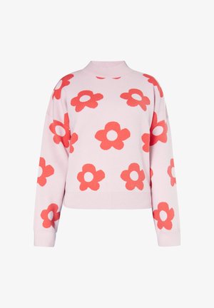 Maglione rosa chiaro con motivi floreali rossi e centri bianchi, collo alto, maniche lunghe e polsini e orlo a costine.