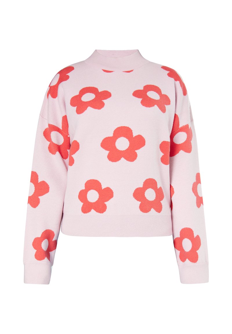 Helles rosa Sweatshirt mit roten Blumenmustern und weißen Mittelpunkten, hohem Kragen, langen Ärmeln sowie gerippten Bündchen und Saum.
