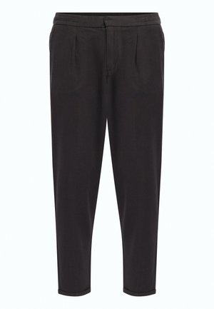 Black, tapered pants made from soft fabric, featuring an elastic waistband, front pleats, and cuffed hems for a refined look.