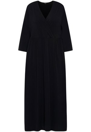 Abito nero a portafoglio con scollatura a V, maniche lunghe e vita arricciata. Realizzato in tessuto morbido con una gonna fluida. Design minimalista e vestibilità comoda.