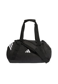 Bolsa de lona negra con dos correas para el hombro y un asa superior, con un acabado texturizado y rayas diagonales blancas en un lado.