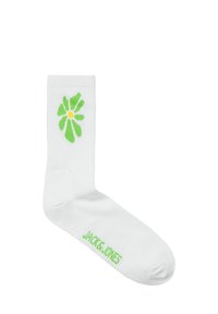 Witte katoenen sok met een groene bloemafbeelding en een gele binnenkant. "JACK & JONES" in het groen gedrukt op de enkel. Verticale ribbeltextuur.