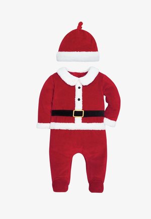 Roter Baby-Strampler mit weißem Kunstpelzbesatz, schwarzem Gürtel mit goldener Schnalle und passender roter Mütze mit weißem Besatz und oberer Quaste.