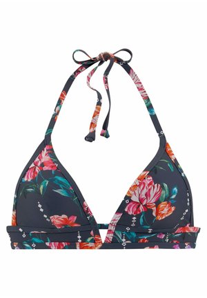 Floral bikinitop met een donkergrijze basis, driehoekige vorm, verstelbare strikjes en kleurrijke bloemmotieven met diamanten accenten.