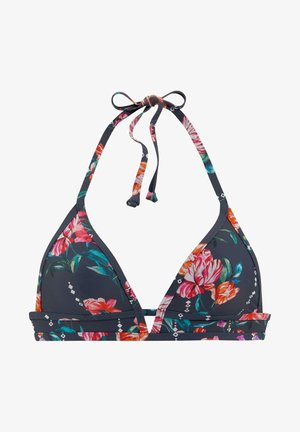 Blumiges Bikini-Oberteil mit dunkelgrauem Grundton, dreieckiger Form, verstellbaren Bändern und bunten Blumenmustern mit Diamantakzenten.