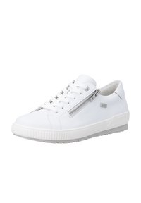 Sneaker bianca bassa con lacci bianchi, cerniera laterale e suola texturizzata, fotografata su sfondo bianco.