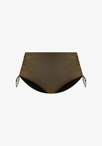 Braguita de bikini de cintura alta en verde oliva metálico, con detalles de lazos laterales, fruncidos y forro negro. Textura suave.