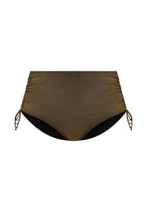 Bikinihose mit hohem Bund in metallischem Olivgrün, mit seitlichen Bindebändern, Rüschendetails und schwarzer Fütterung. Glatte Oberfläche.