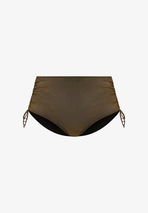 Bikinibroekje met hoge taille in metallic olijfgroen, met zijstrikaccenten, geplooide details en een zwarte voering. Soepele textuur.