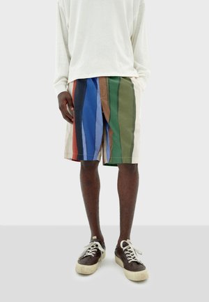 Pantalones cortos a rayas coloridos con anchos variables en verde, azul, rojo y beige, fabricados con un material ligero. Llevados con una camisa blanca de manga larga suelta.