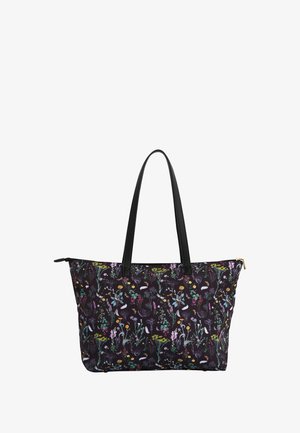 Crna torba s cvjetnim uzorkom koja sadrži šarene biljke i cvijeće. Izrađena od izdržljivog materijala, s crnim ručkama i zatvaranjem na zip.