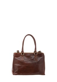 Borsa a mano in pelle marrone con dettagli in metallo dorato, manici doppi, chiusura con zip e cuciture a contrasto. Texture liscia, forma rettangolare.