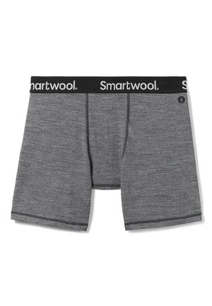 Grau Boxer-Brief aus weichem Material mit einem schwarzen Bund, auf dem das "Smartwool"-Logo in Weiß prangt. Mittel-lange Ausführung.