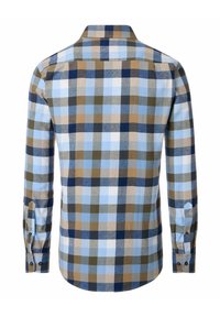 Long-sleeve button-up shirt featuring a plaid pattern in light blue, navy, brown, and white. Made from a textured fabric with a classic collar.