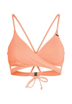 Haut de bikini triangle pêche avec détails découpés, fines bretelles réglables et une fermeture centrale. Texture lisse avec un nouage à l'arrière.