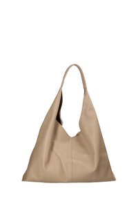 Borsa a spalla in pelle beige con un design morbido, caratterizzata da un'apertura profonda a forma di V e una superficie morbida e testurizzata.