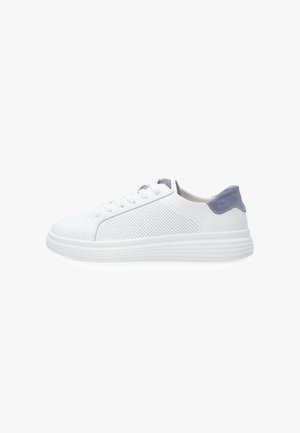 White casual sneaker with perforated side panel, white laces, thick white sole, and gray suede heel tab, shown in side profile.