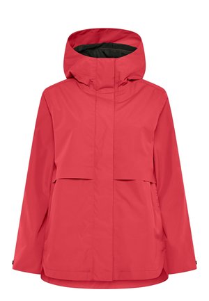 Red waterproof jacket with hood, long sleeves, and front pockets, designed for outdoor use with a clean, minimal style.