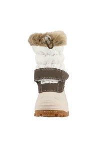 Wasserabweisender weißer Schneestiefel mit einem flauschigen, hellbraunen Kunstfellkragen, verstellbarem braunen Riemen, strukturiertem Sohlenprofil und gerafftem Stoffdesign.