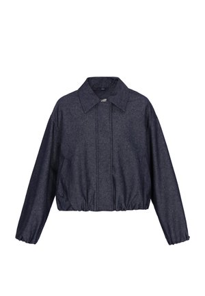 Giacca corta grigio scuro con polsini lunghi elasticizzati, cerniera frontale nascosta e ampio colletto.