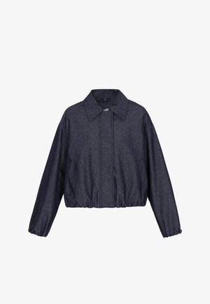 Giacca corta grigio scuro con polsini lunghi elasticizzati, cerniera frontale nascosta e ampio colletto.