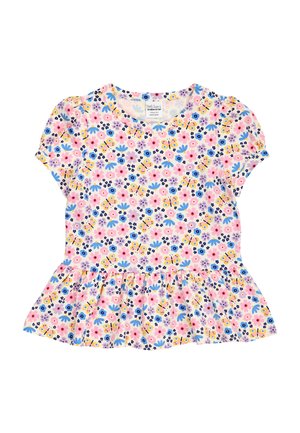 Haut enfant à manches courtes avec motif floral coloré et papillons, col rond et ourlet à volants.