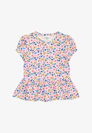Haut enfant à manches courtes avec motif floral coloré et papillons, col rond et ourlet à volants.