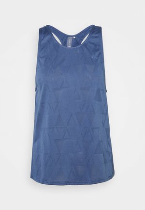 Débardeur de sport bleu pour femme, sans manches, avec un motif triangulaire subtil et un dos nageur, sur fond gris clair.
