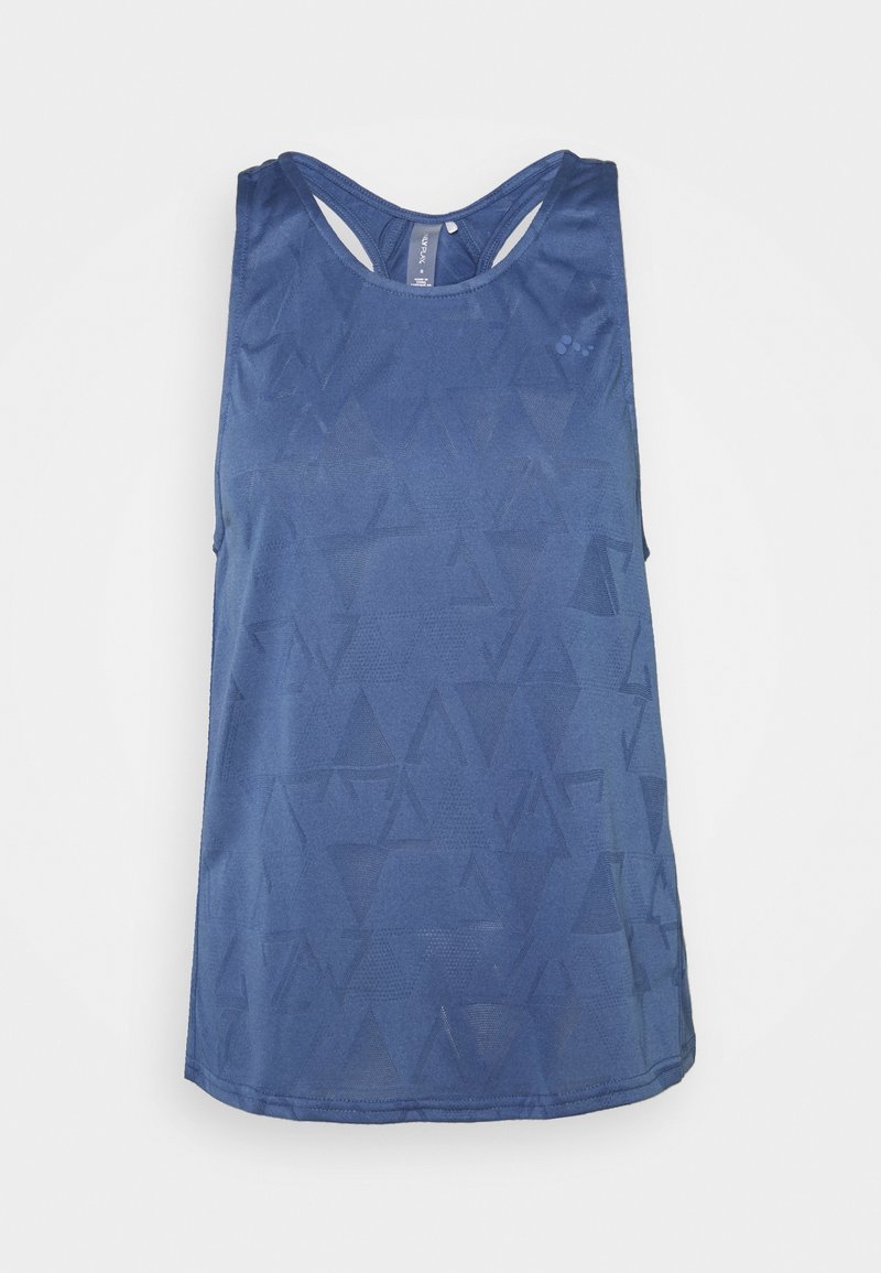 Débardeur de sport bleu pour femme, sans manches, avec un motif triangulaire subtil et un dos nageur, sur fond gris clair.