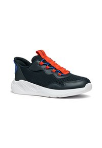 Czarne sneakersy z teksturowanym cholewką z dzianiny, pomarańczowymi sznurowadłami, niebieskimi akcentami i białą wzorzystą podeszwą dla lepszej przyczepności i stylu.