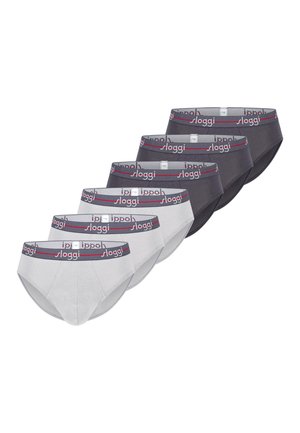 Pięć par męskich majtek typu slipy w kolorze czarnym i białym, z elastycznymi pasami w talii oznaczonymi logo marki "Sloggi".