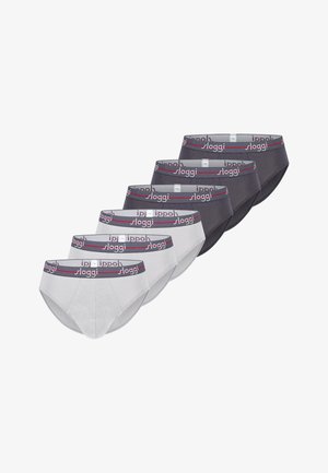Vijf paar herenboxers in zwart en wit, met elastische taillebanden voorzien van het "Sloggi" merklogo.